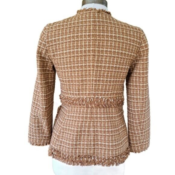 BROOKS BROTHERS Boucle Tweed Fringe Jacket Collarless Blazer Sz 4 Brown Tan Fall - Picture 3 of 10
